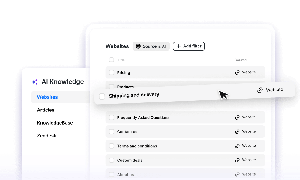 ChatBot software interface with an AI Knowledge section, allowing for choosing sources used to create an AI bot: Websites, Articles, KnowledgeBase help center and Zendesk help center.