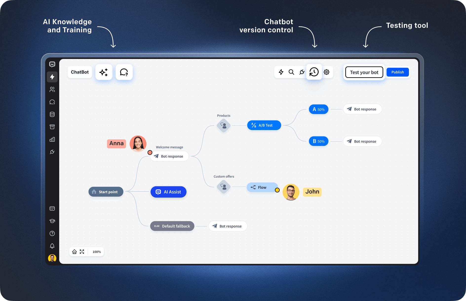 Visual Builder, a visual chatbot editor.