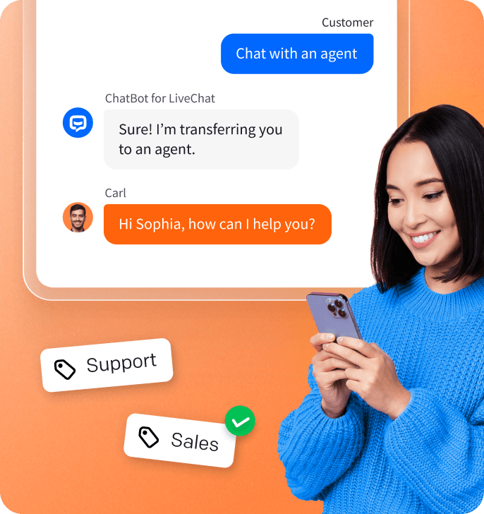 Chat widget with ChatBot and LiveChat integration showing the process of redirecting the customer to the live agent during the conversation with the AI chatbot.